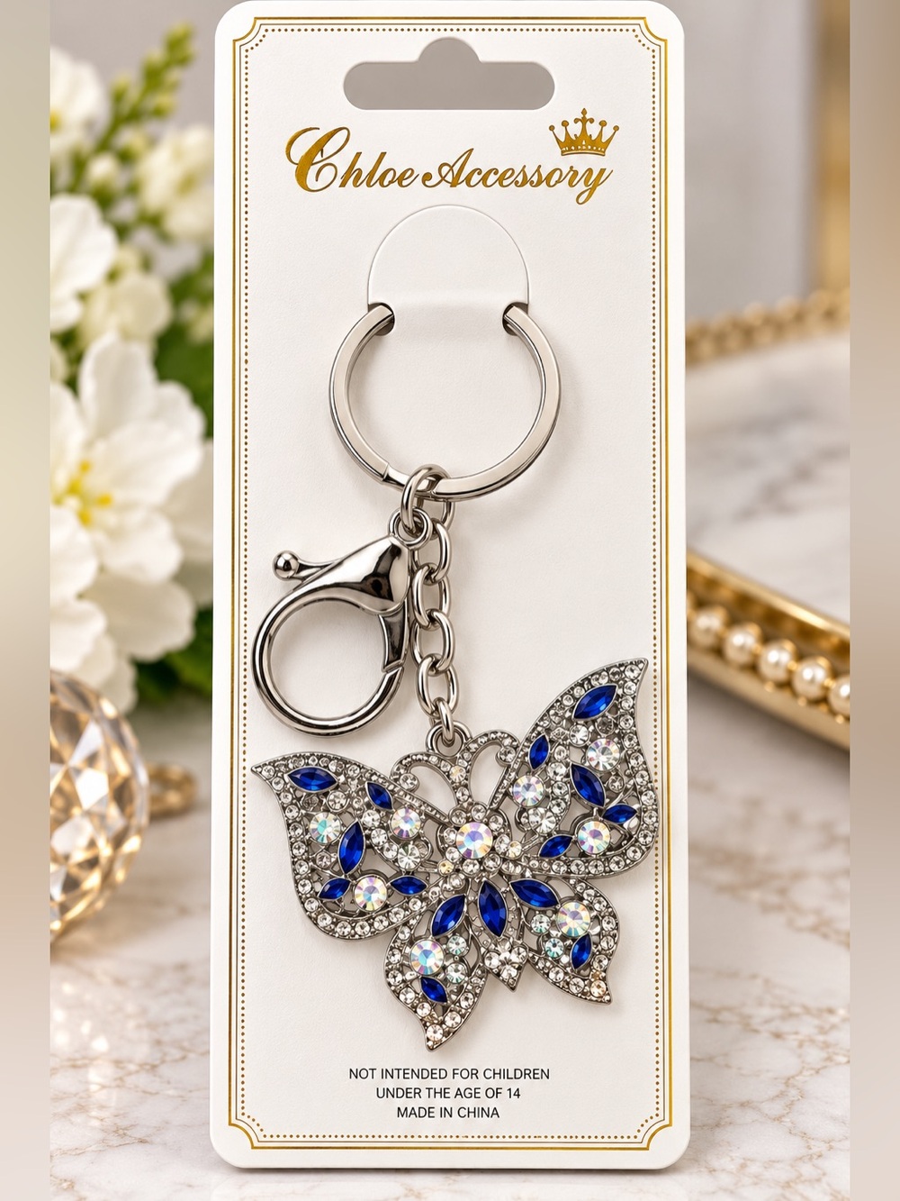 Blue Crystal Butterfly Key & Card Holder Charm